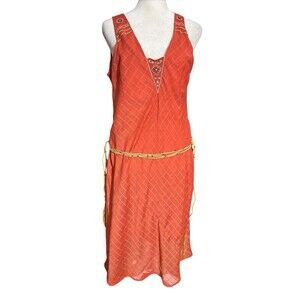 FREE PEOPLE Midi Dress Flowy Boho Beachy Beaded Geometric Embroidered Sz XS